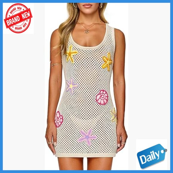 Other - Sleeveless Mini Dress Crochet Cover Up Polyester Mesh Slim Fit Bohemian
